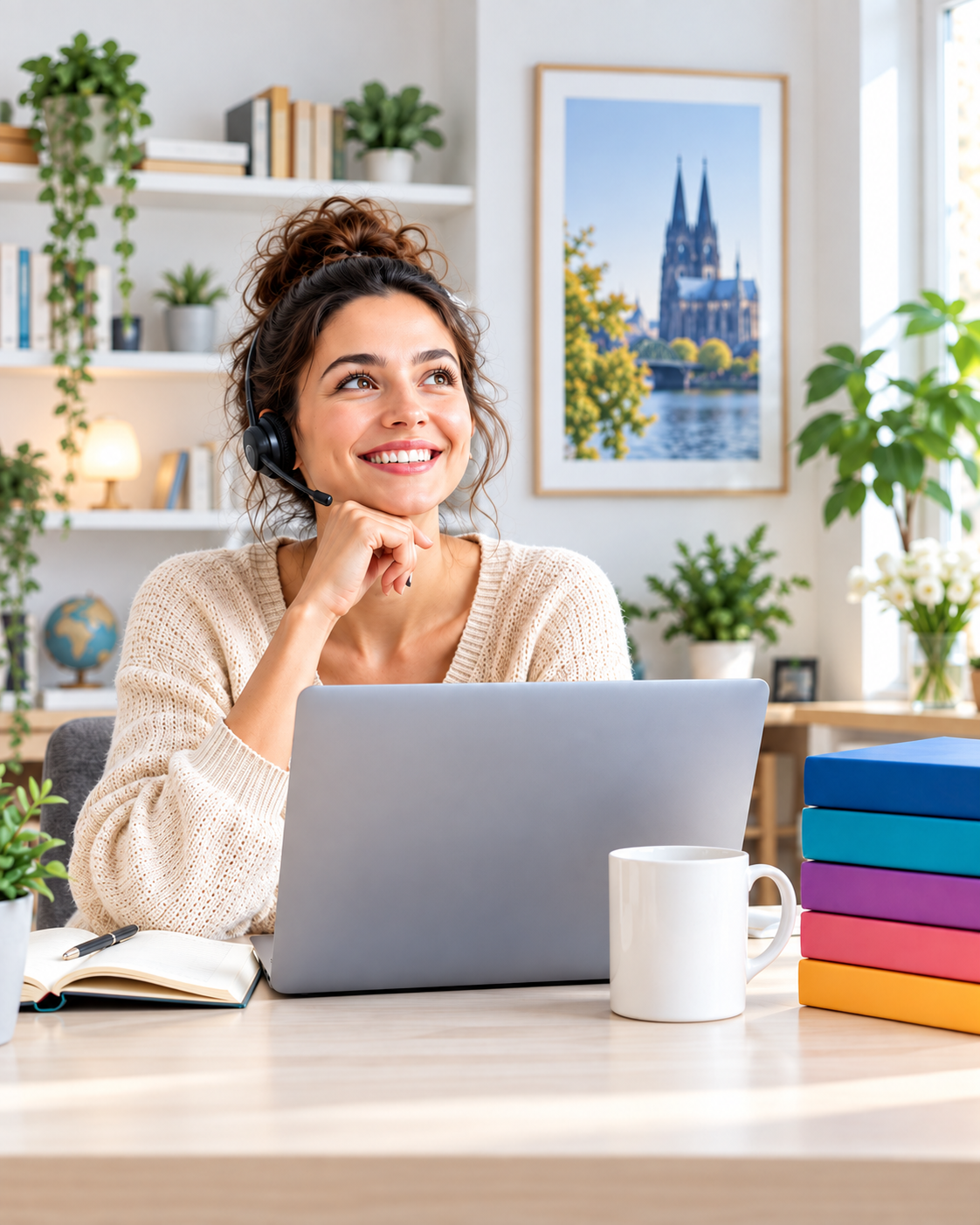 Junge Frau lernt Deutsch am Laptop — REZA AI mit Feedback zu Sprechen, Hören, Lesen und Schreiben